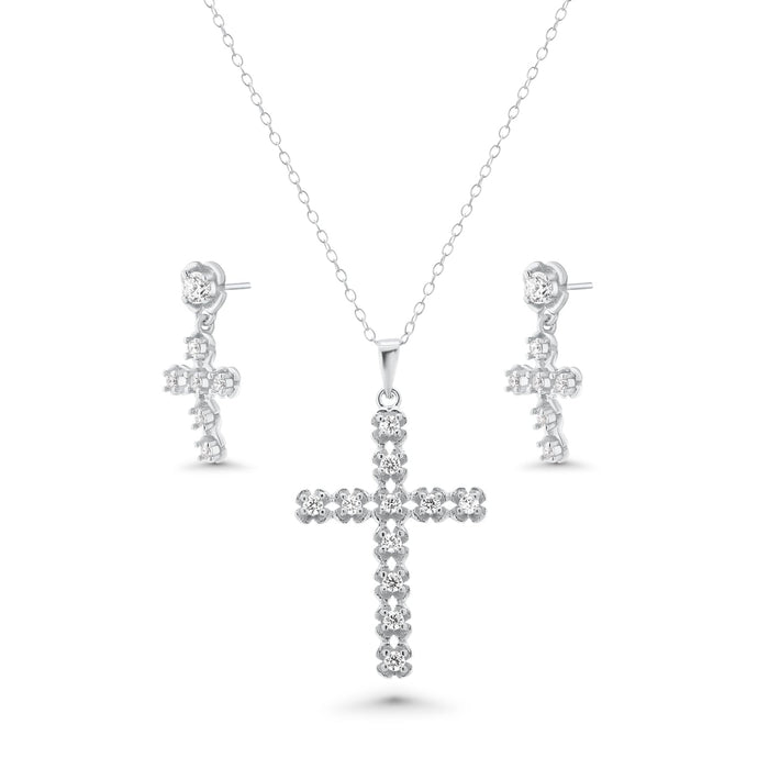 Silver 925 Rhodium Plated Clear Cross CZ Stud Earring and Necklace Set - BGS00396 | Silver Palace Inc.