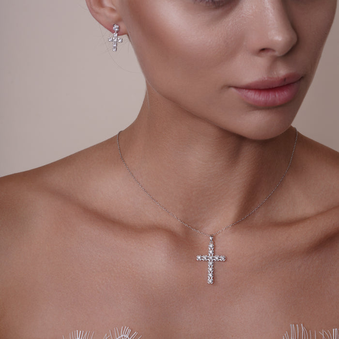 Silver 925 Rhodium Plated Clear Cross CZ Stud Earring and Necklace Set - BGS00396 | Silver Palace Inc.