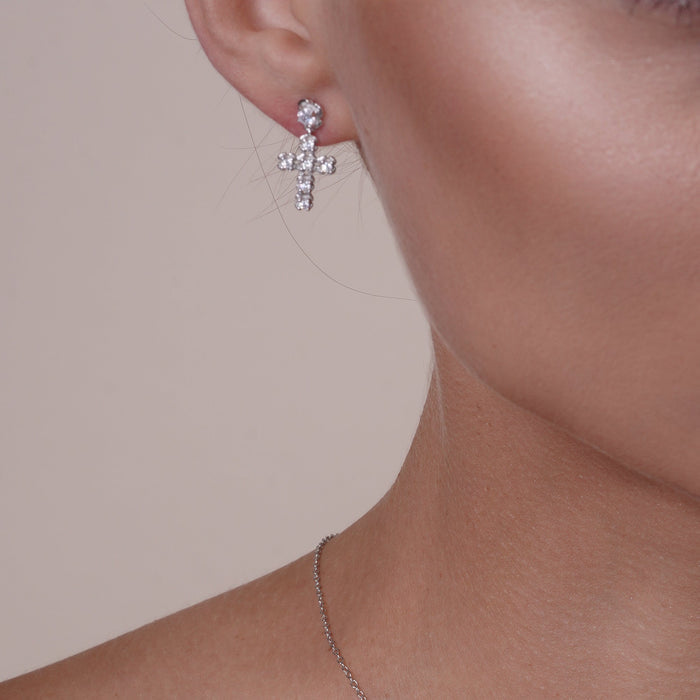 Silver 925 Rhodium Plated Clear Cross CZ Stud Earring and Necklace Set - BGS00396 | Silver Palace Inc.