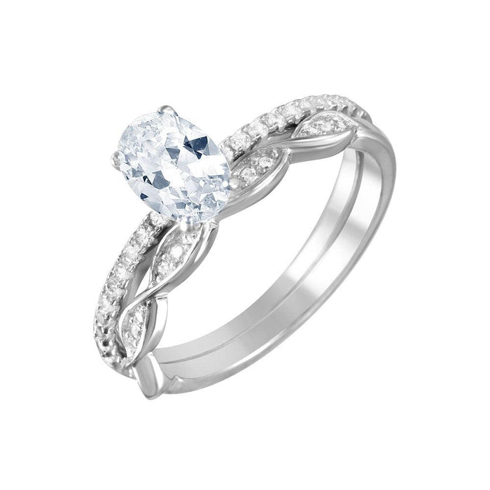 Silver 925 Rhodium Plated Clear CZ Twist Bridal Wedding Ring Set - BGR01008