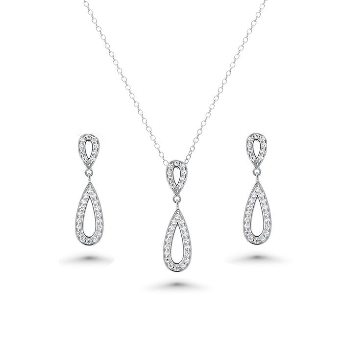 Silver 925 Rhodium Plated Clear Open Teardrop CZ Dangling Stud Earring and Dangling Necklace Set - BGS00261 | Silver Palace Inc.