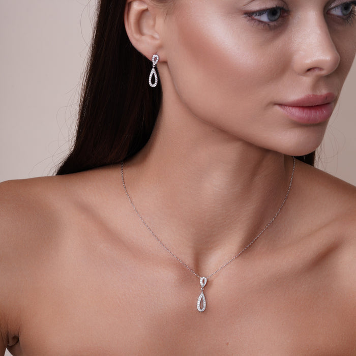 Silver 925 Rhodium Plated Clear Open Teardrop CZ Dangling Stud Earring and Dangling Necklace Set - BGS00261 | Silver Palace Inc.