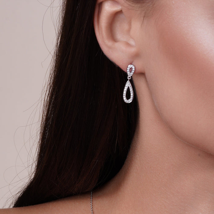 Silver 925 Rhodium Plated Clear Open Teardrop CZ Dangling Stud Earring and Dangling Necklace Set - BGS00261 | Silver Palace Inc.