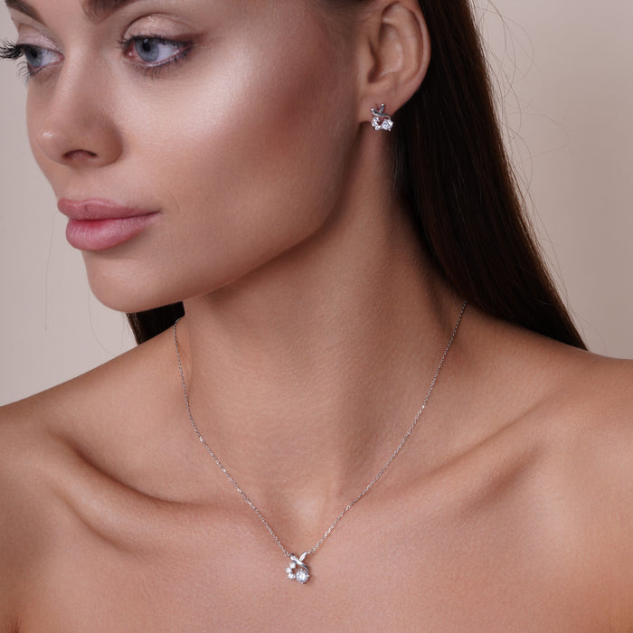 Silver 925 Rhodium Plated Individual Clear Twist Wrap CZ Stud Earring and Necklace Set - BGS00259 | Silver Palace Inc.