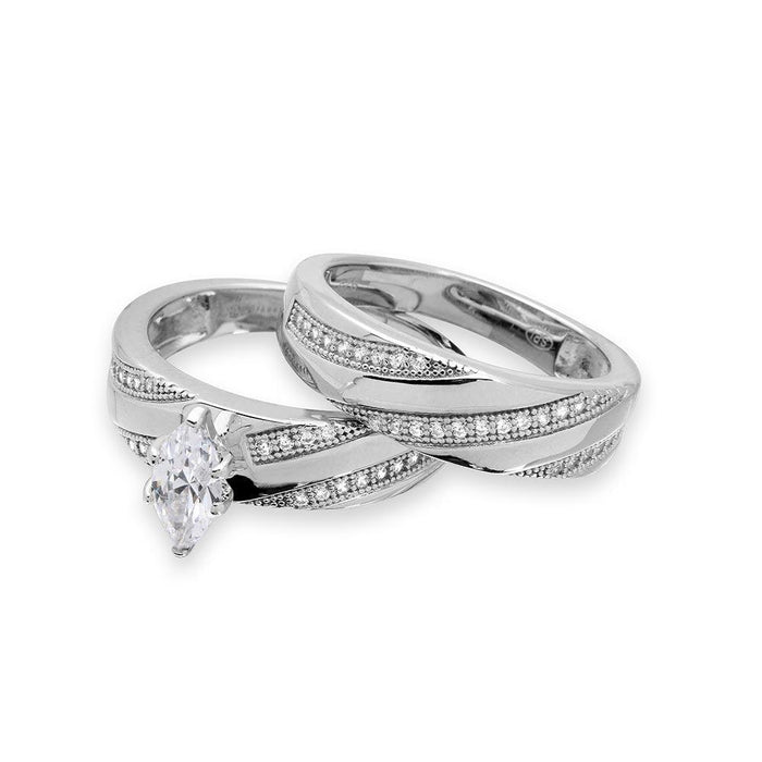 Silver 925 Rhodium Plated Marquise Center Trio Bridal Ring - GMR00146