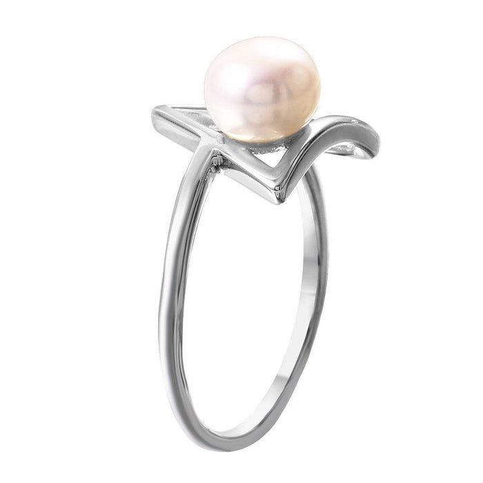Silver 925 Rhodium Plated Open Triangle Fresh Water Pearl Ring - STR01039