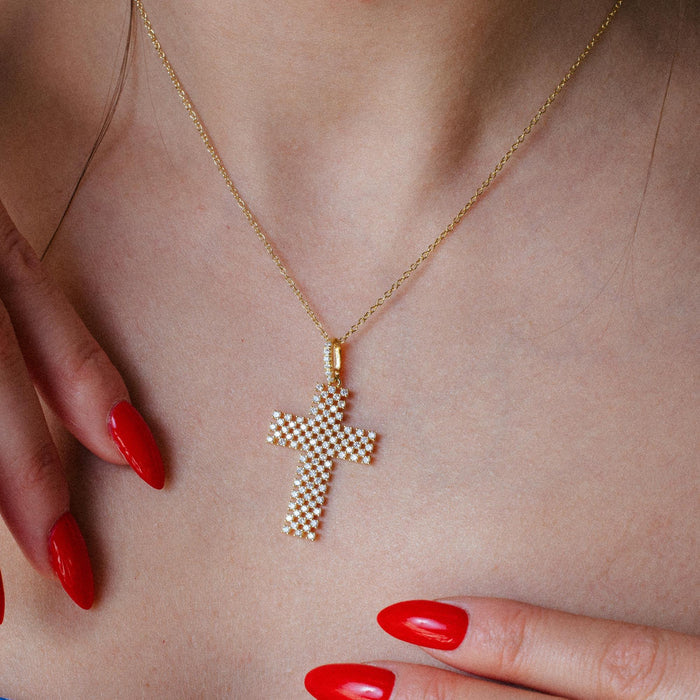 Silver 925 Rose Gold Plated Open Checkered Cross CZ Pendant - ACP00093GP