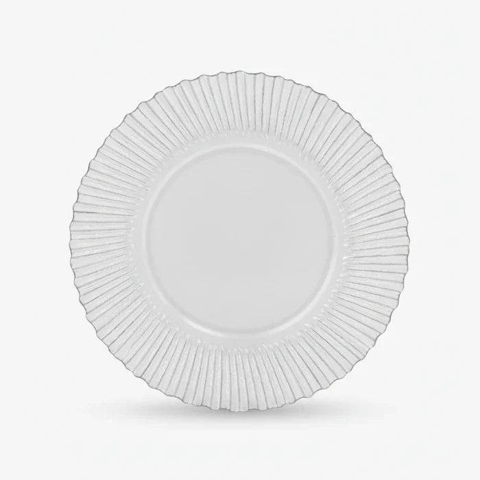 An elegant silver charger plate with a textured, fluted design is centered on a clean white background with soft studio lighting and a subtle shadow.