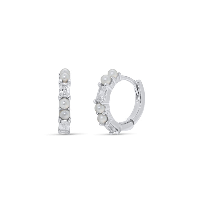 Sterling Silver Rhodium Plated Synthetic Pearl Baguette Clear CZ Hoop Earring - JTE00004