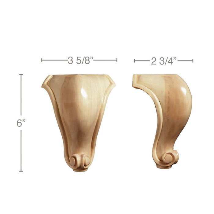 Tall Traditional Corner Foot (Sold 1 per package), 3 5/8"w x 6"h x 2 3/4"d Carved Bun feet White River Hardwoods