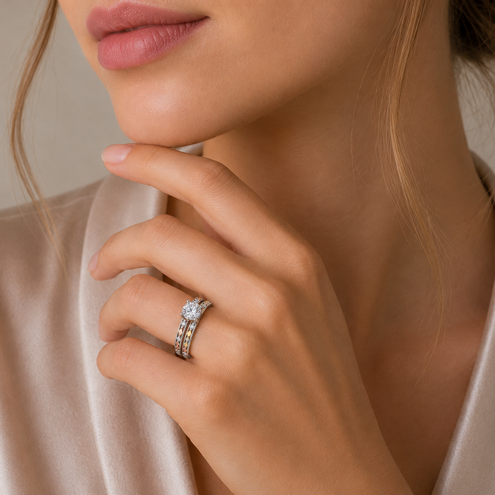 Three-Tone 925 Sterling Silver Moissanite Diamond Cut Solitaire Ring - MTGR00035TRI