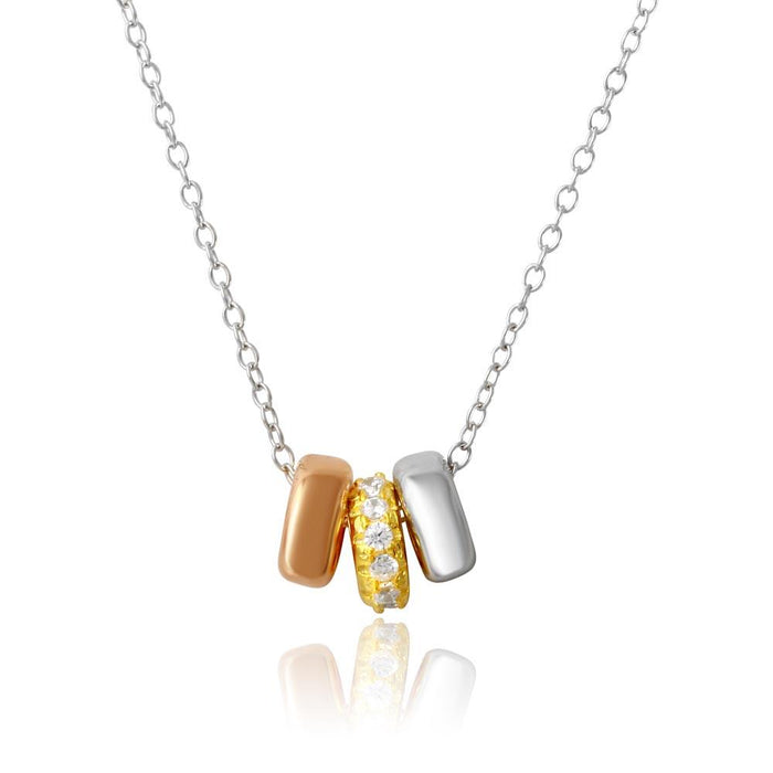 Silver 925 Tri Color Plated Three Hoops with CZ Necklace - STP01571TRI | Silver Palace Inc.
