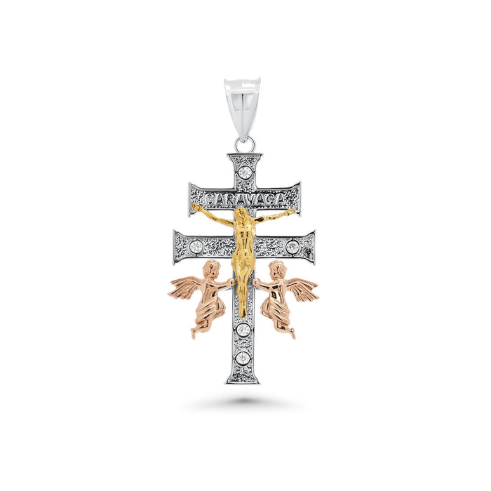 Three-Tone Plated 925 Sterling Silver Moissanite Crucifix Cherubs Caravaca Pendant - MGMP00024