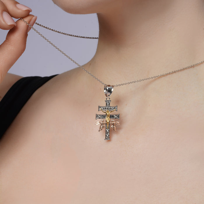 Three-Tone Plated 925 Sterling Silver Moissanite Crucifix Cherubs Caravaca Pendant - MGMP00024