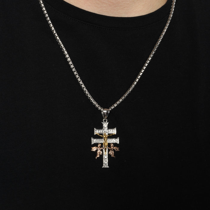 Three-Tone Plated 925 Sterling Silver Moissanite Crucifix Cherubs Caravaca Pendant - MGMP00024