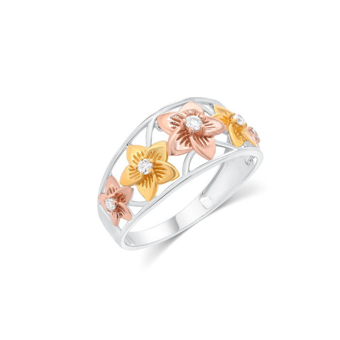 Three-Tone Plated 925 Sterling Silver Moissanite Floral Ring - MGMR00070