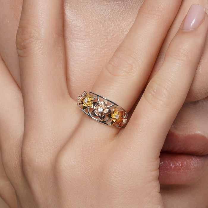 Three-Tone Plated 925 Sterling Silver Moissanite Floral Ring - MGMR00070