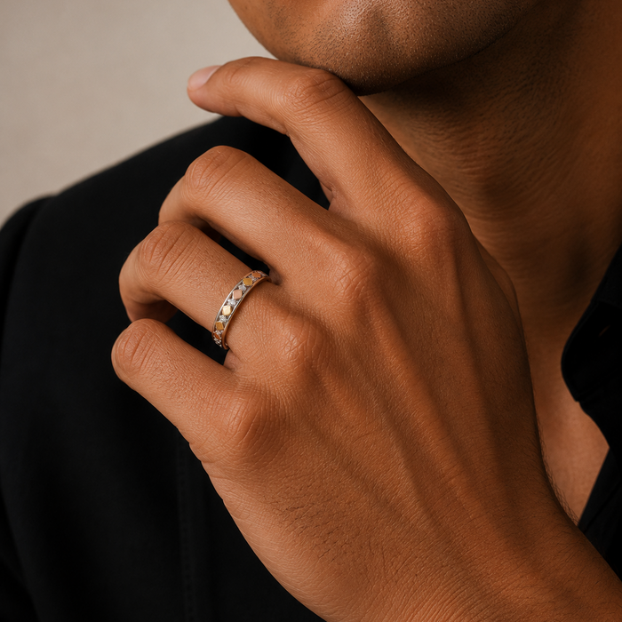 Three-Tone Plated 925 Sterling Silver Moissanite Men's Faceted Geometric Ring - MTGR00034TRI