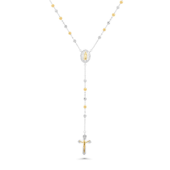 Two-Tone 925 Sterling Silver Diamond Cut Beaded Clear CZ Rosary - TGN00008RG