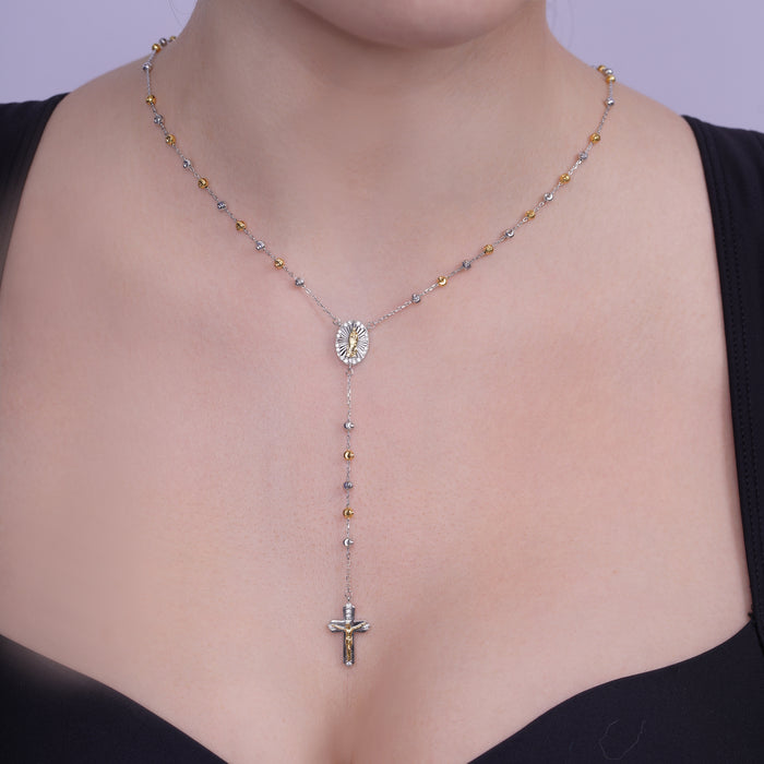 Two-Tone 925 Sterling Silver Diamond Cut Beaded Clear CZ Rosary - TGN00008RG
