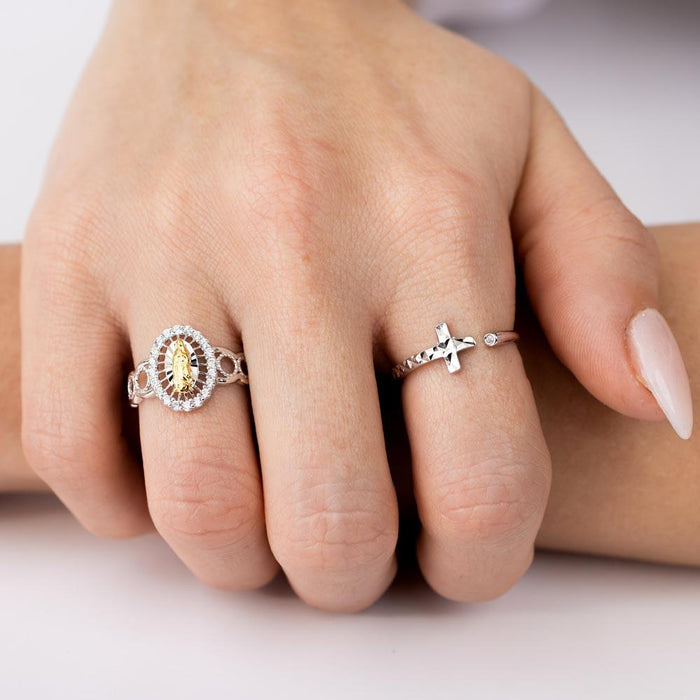 Two-Tone 925 Sterling Silver Moissanite or CZ Lady of Guadalupe Open Circle Shank Ring - MGMR00295RHR