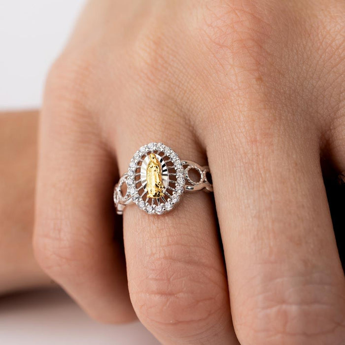 Two-Tone 925 Sterling Silver Moissanite or CZ Lady of Guadalupe Open Circle Shank Ring - MGMR00295RHR