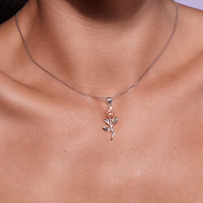 Two-Tone Plated 925 Sterling Silver Diamond Cut Rose Stem Pendant- GMP00217