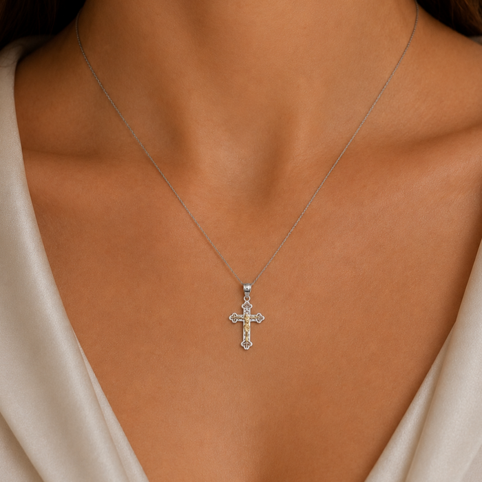 Two-Tone Plated 925 Sterling Silver Filigree Crucifix Pendant- GMP00215