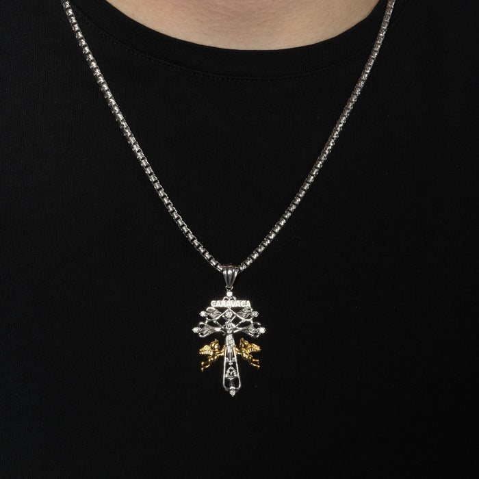 Two-Tone Plated 925 Sterling Silver Moissanite Crucifix Jesus Cross Cherubs Caravaca Pendant - MGMP00015