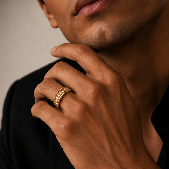 Two-Tone Plated 925 Sterling Silver Moissanite Men's Rope Edge Eternity Band Ring - MTGR00036RG