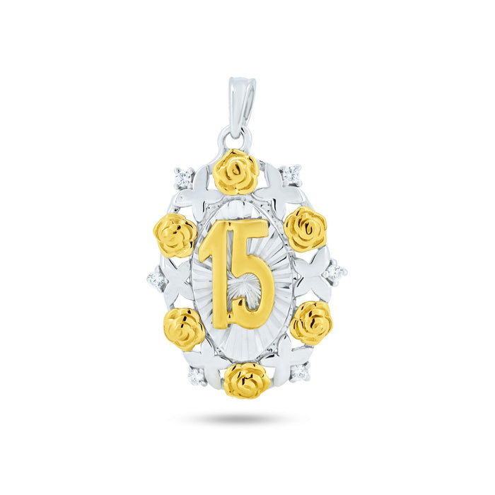 Two-Tone Plated 925 Sterling Silver Moissanite or Cubic Zirconia Oval Disc Quinceañera Pendant - MGMP00137RG