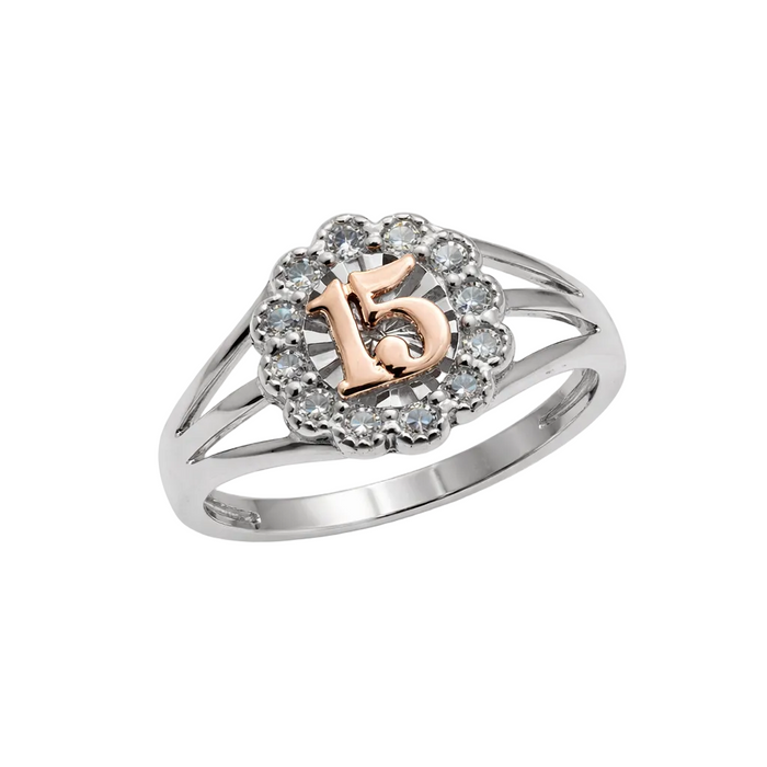 Two-Tone Plated 925 Sterling Silver Moissanite Stone Quinceañera Halo Ring - MGMR00076