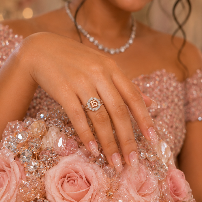 Two-Tone Plated 925 Sterling Silver Moissanite Stone Quinceañera Halo Ring - MGMR00076