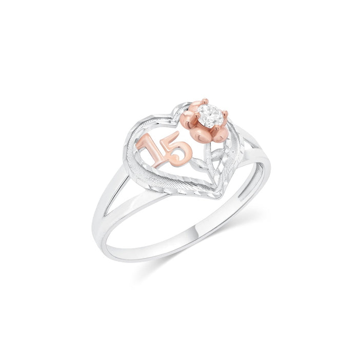 Two-Tone Plated 925 Sterling Silver Quinceañera Heart Rose Ring - MGMR00073