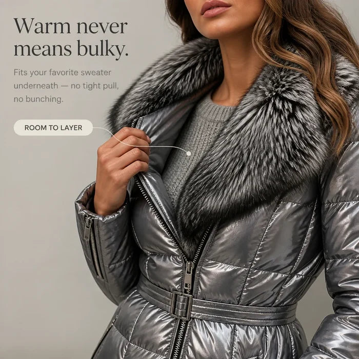 Veluna – Metallic Faux-Fur Collar Belted Puffer Jacket
